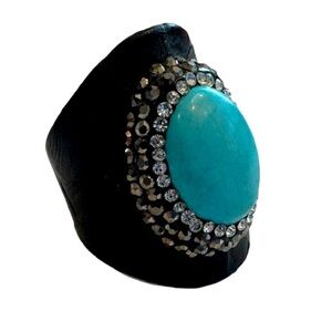 Adjustable Black Leather, Turquoises & Crystal Accent Ring